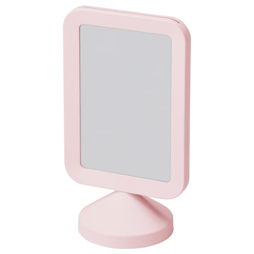 A pink FIKONTRÄD photo frame with a square shape and no back panel, allowing for double-sided display. Made of abs plastic and polystyrene.