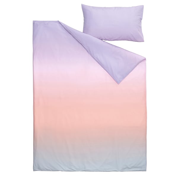 FLÄDERBUSKE duvet set, purple-pink ombre, smooth, rectangular with pillow.