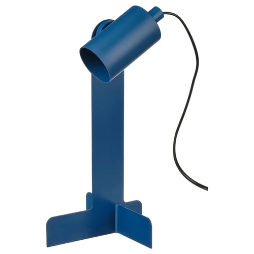 A blue FLOTTILJ desk lamp with a cylindrical shape, standing on a t-shaped base, and a flexible neck for directing light.