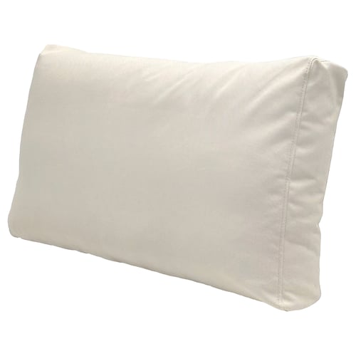 A beige, rectangular outdoor pillow with zippered closure, made from recycled materials.