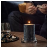 FRUKTSKOG Scented pillar candle, Vetiver & geranium/black-turquoise, 30 hr