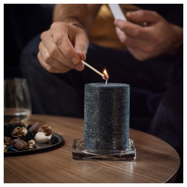 FRUKTSKOG Scented pillar candle, Vetiver & geranium/black-turquoise, 30 hr
