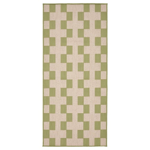 Green & white chequered kitchen mat, soft, indoor/outdoor use, polypropylene and synthetic rubber.