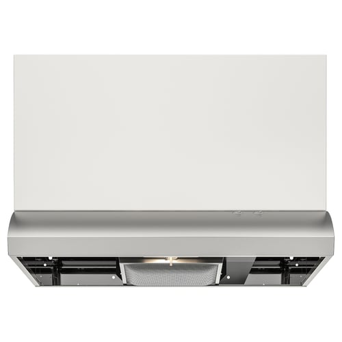 Stainless steel kitchen hood with led light, front control panel, fits inside cabinet.