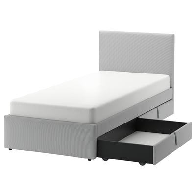 GLADSTAD Upholstered bed, 2 storage boxes, Kabusa light grey, Twin