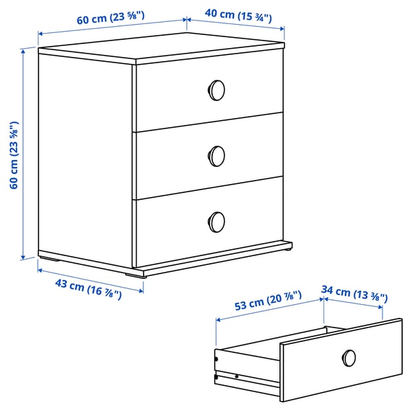 GODISHUS Chest of 3 drawers, white, 60x43x60 cm