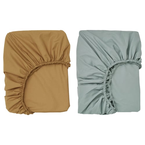 Two fitted sheets, one brown and one light blue, made of 100% cotton, displayed flat.