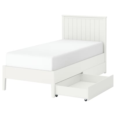 White GULLABERG bed with panel headboard, slatted base, and two large rolling storage drawers.