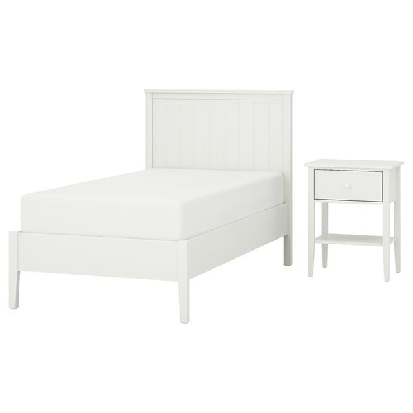 GULLABERG white bed and bedside table set. Modern design, solid and particle wood, clean lines.