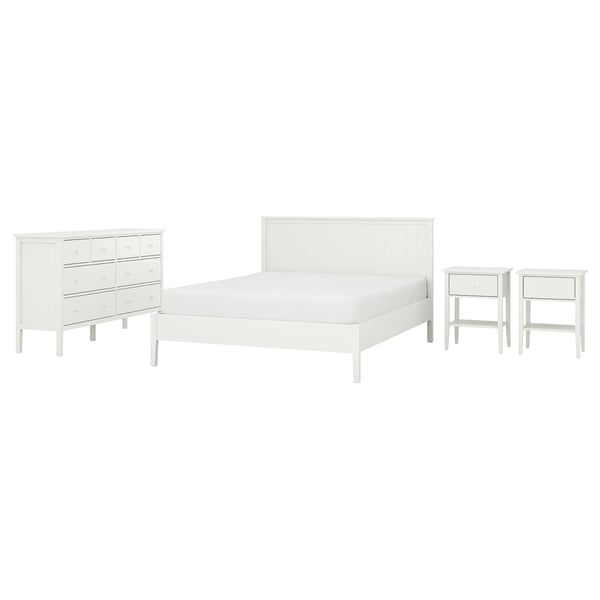 White bedroom set with bed, two nightstands, and dresser; all pieces are square-edged and modern.