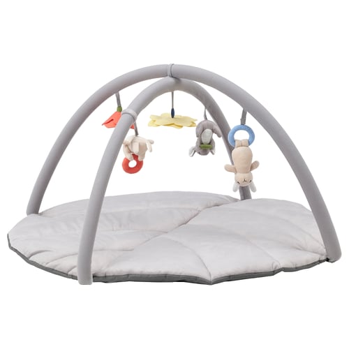GULLIGAST baby gym: grey, soft mat, 3 toys, 2 flowers, mirror.