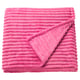 Bright pink, recycled polyester blanket folded neatly, featuring horizontal stripes and a soft, cosy texture.