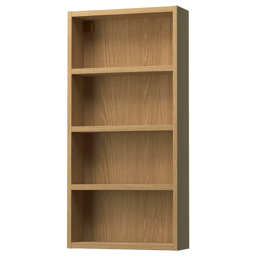 HAGAÅN oak shelf, wall-mounted with four open compartments. Simple, modern design for bathroom or home organisation.