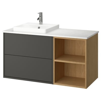 Modern grey & wood vanity. White countertop, single sink, open shelf.