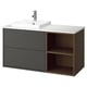 A HAVBÄCK bathroom vanity in dark grey with open and closed storage, a white countertop, and a white ceramic sink.