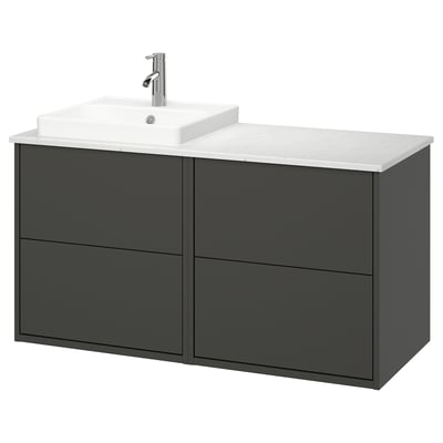 HAVBÄCK: grey bathroom vanity, sleek & modern with white marble countertop & under-mount sink.
