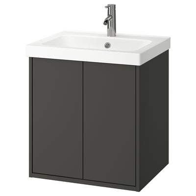 HAVBÄCK dark grey bathroom vanity, modern rectangular sink, wall-mounted for clean floors.