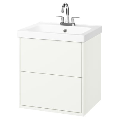 White modern bathroom vanity with two drawers and a square ceramic sink, chrome tap.