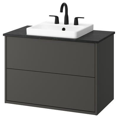 HAVBÄCK vanity: dark grey, wall-mounted, square sink, matt finish, two drawers.