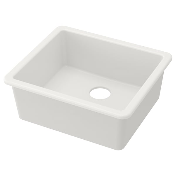 A white HAVSEN sink. Its square-shaped with rounded corners, made of coloured glazed ceramics.