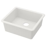 A white HAVSEN sink. Its square-shaped with rounded corners, made of coloured glazed ceramics.