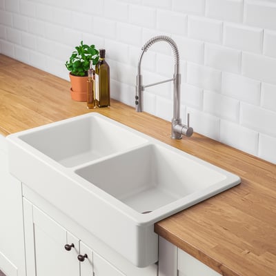 HAVSEN Sink bowl, 2 bowls w visible front, white, 93x48 cm