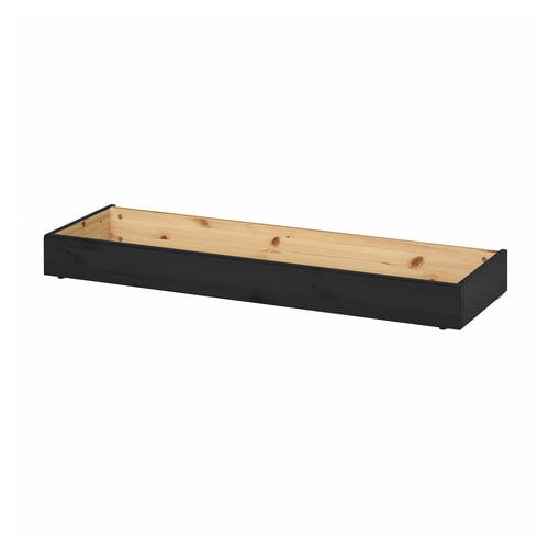 Black rectangular wooden shelf, HAVSTA, solid pine, smooth surface.