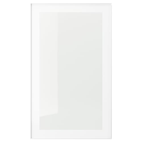 White HEJSTA glass cabinet door. Sleek, rectangular with integrated handle.