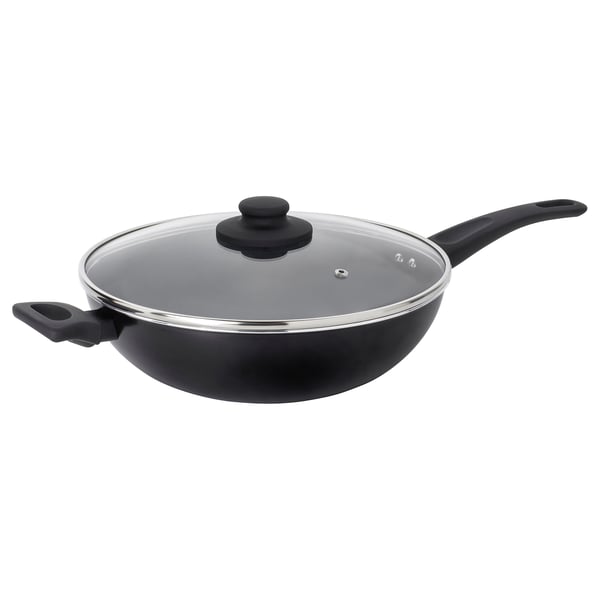 HEMLAGAD Wok with lid, non-stick coating black, 28 cm