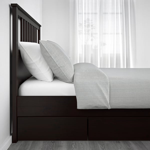 HEMNES Bed frame with 2 storage boxes, black-brown/Luröy, King