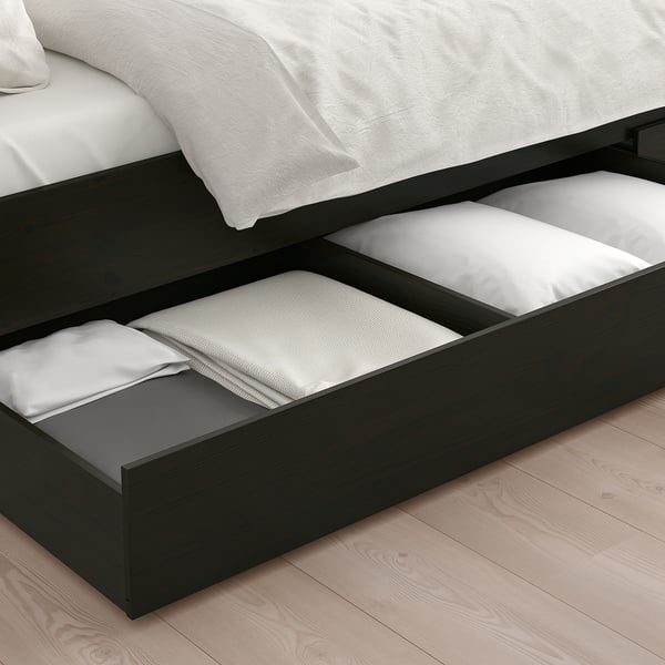 HEMNES Bed frame with 2 storage boxes, black-brown, King