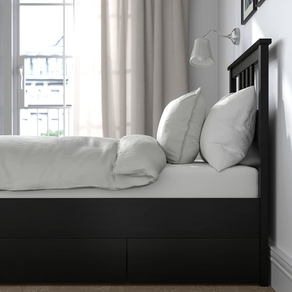 HEMNES Bed frame with 2 storage boxes, black-brown, Twin