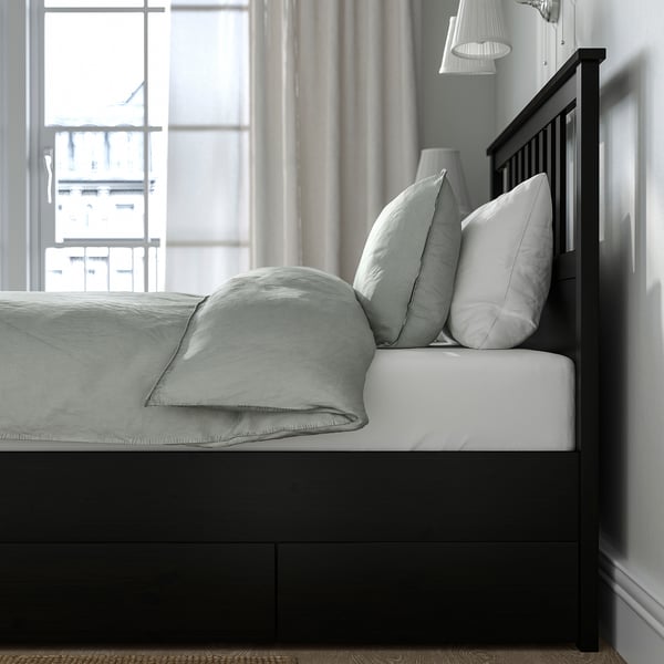 HEMNES Bed frame with 2 storage boxes, black-brown, Queen