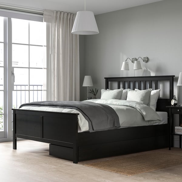 HEMNES Bed frame with 2 storage boxes, black-brown, King