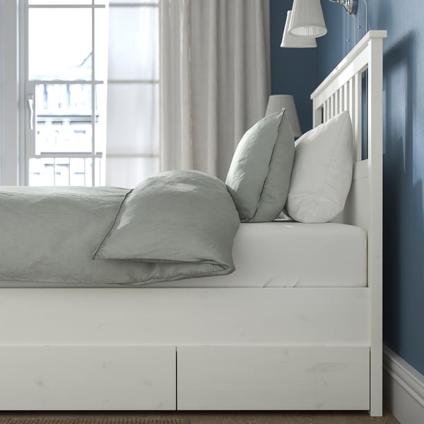 HEMNES Bed frame with 2 storage boxes, white stain/Luröy, King