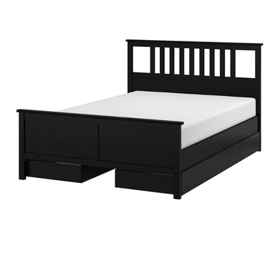 HEMNES Bed frame with 4 storage boxes, black-brown/Luröy, Full