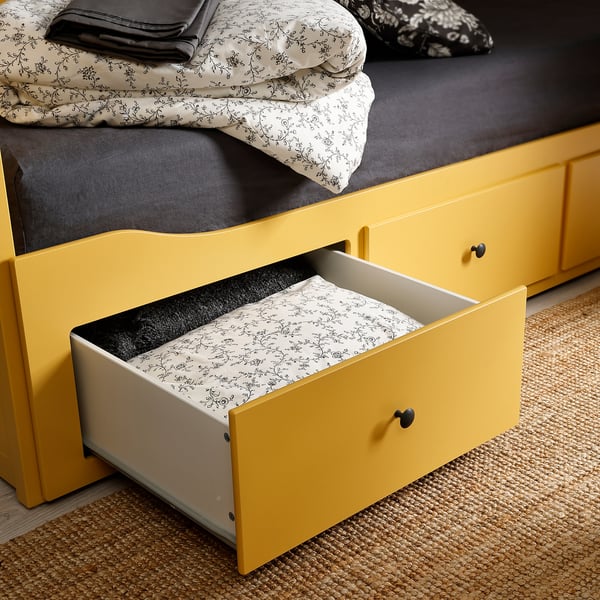 HEMNES Day-bed w 3 drawers/2 mattresses, yellow/Åsvang medium firm, Twin