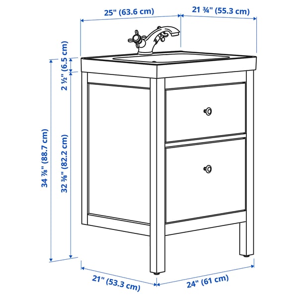 HEMNES / ORRSJÖN Wash-stnd w drawers/wash-basin, white, 64x55x89 cm