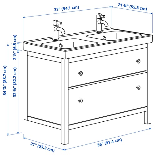 Illustration with measurements for the product: HEMNES.