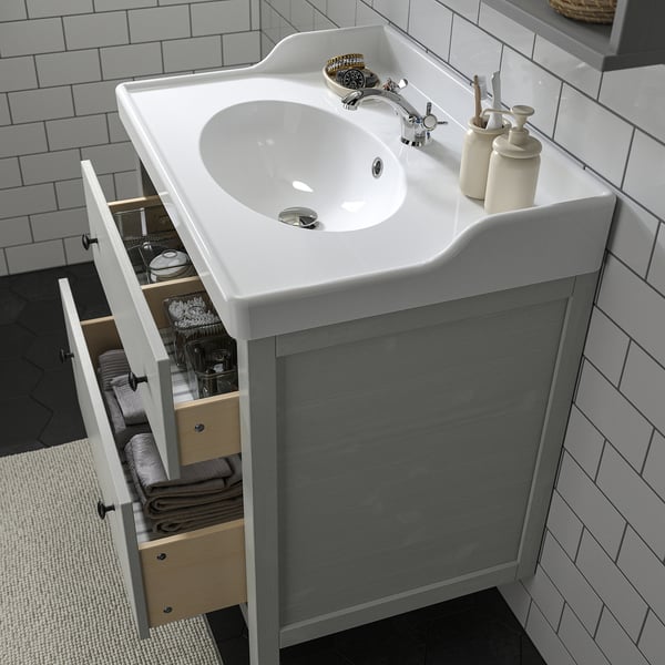 HEMNES / RUTSJÖN Wash-stnd w drawers/wash-basin, grey, 80x56x94 cm
