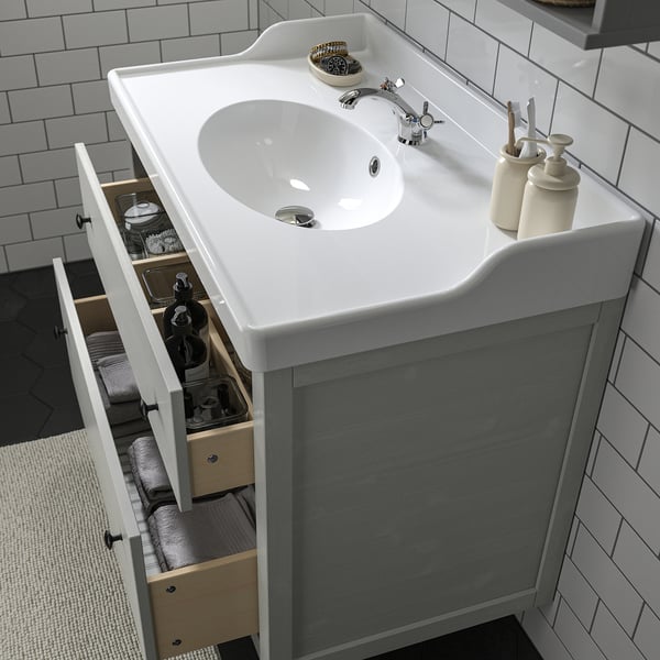 HEMNES / RUTSJÖN Wash-stnd w drawers/wash-basin, grey, 95x56x94 cm