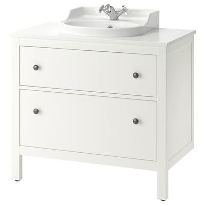 White HEMNES bathroom sink cabinet with drawers, chrome tap, marble top.