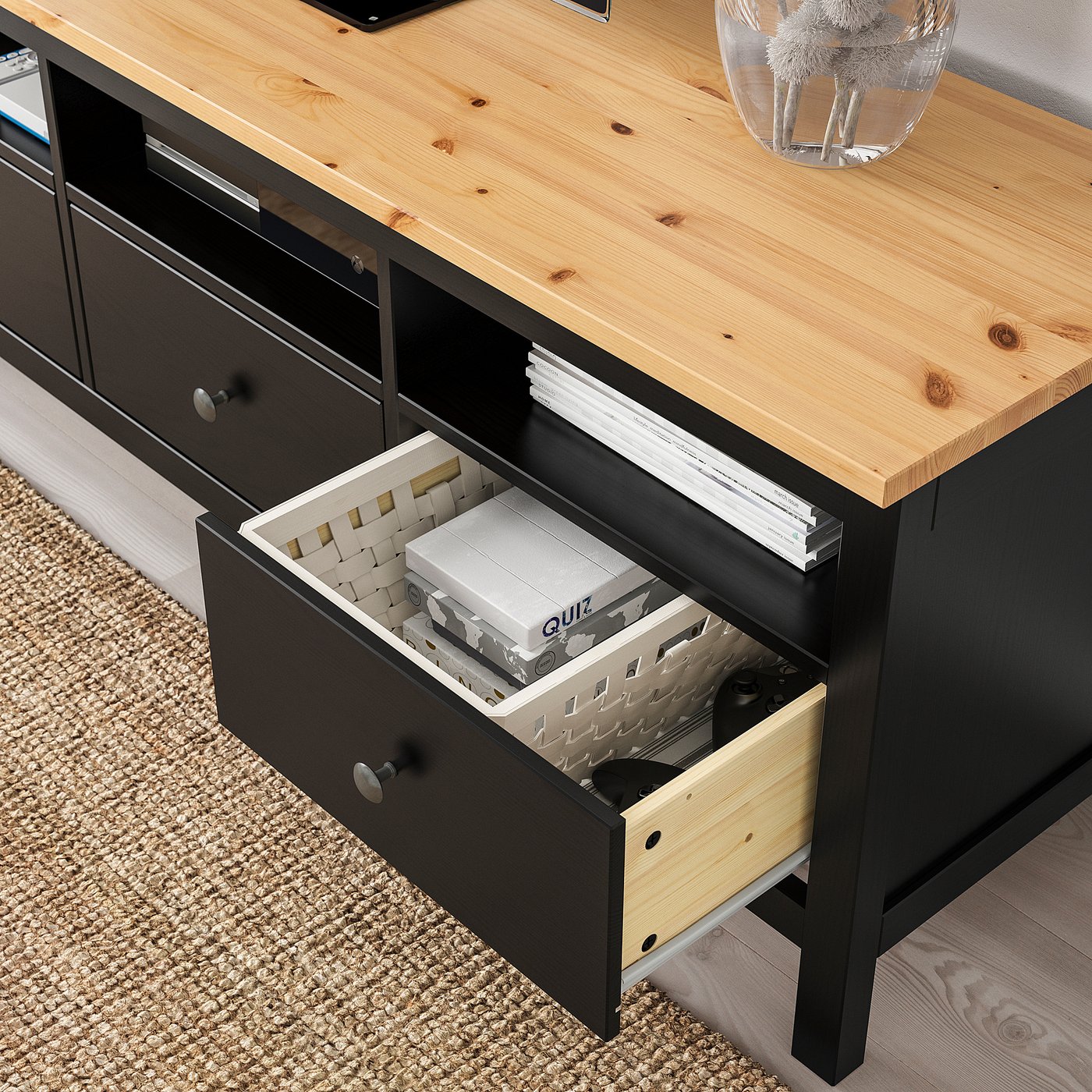 HEMNES TV bench, black-brown/light brown, 148x47x57 cm - IKEA