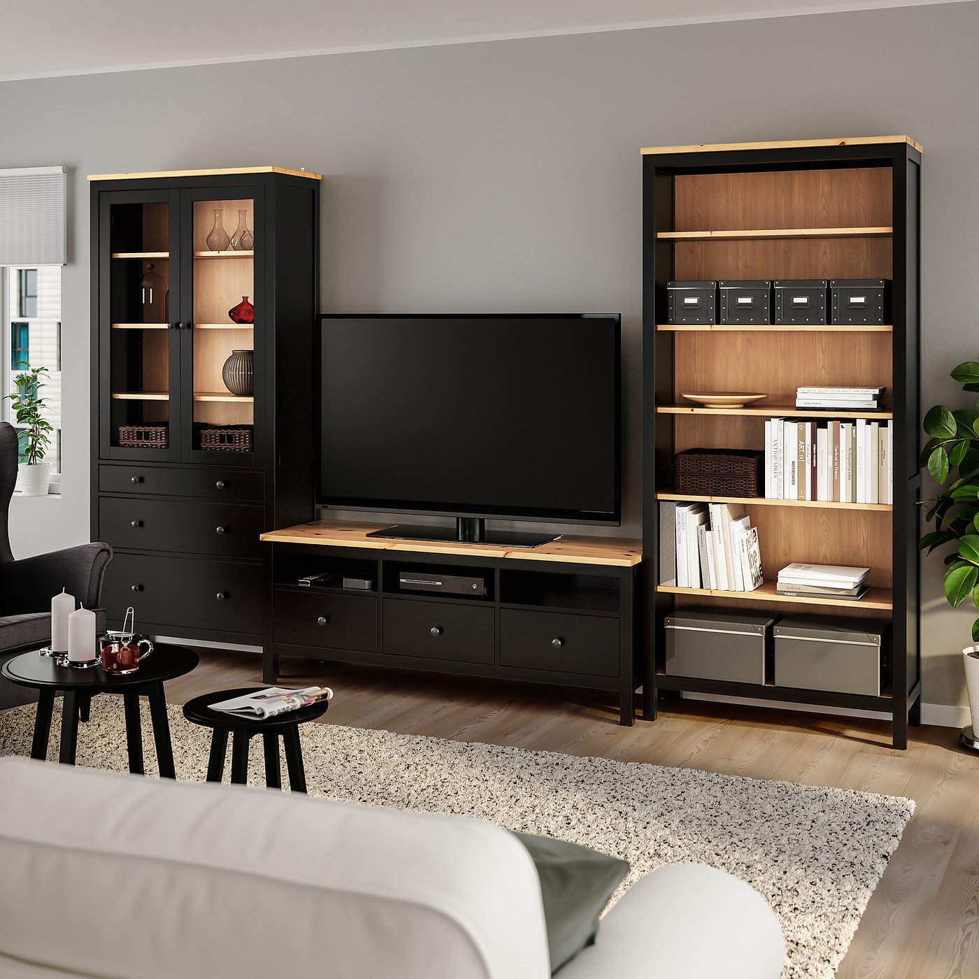 HEMNES TV storage combination, black-brown/light brown clear glass