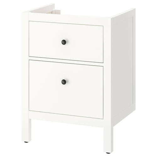 White ikea HEMNES 2-drawer bathroom cabinet with black knobs