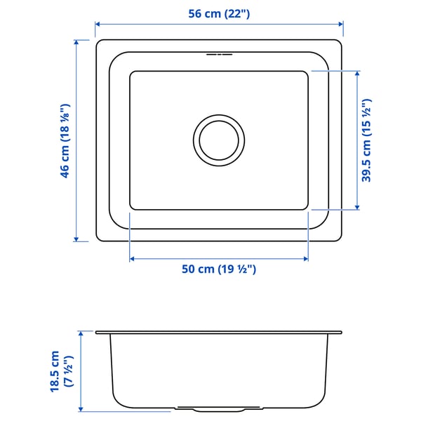 HILLESJÖN Inset sink, 1 bowl, stainless steel, 56x46 cm