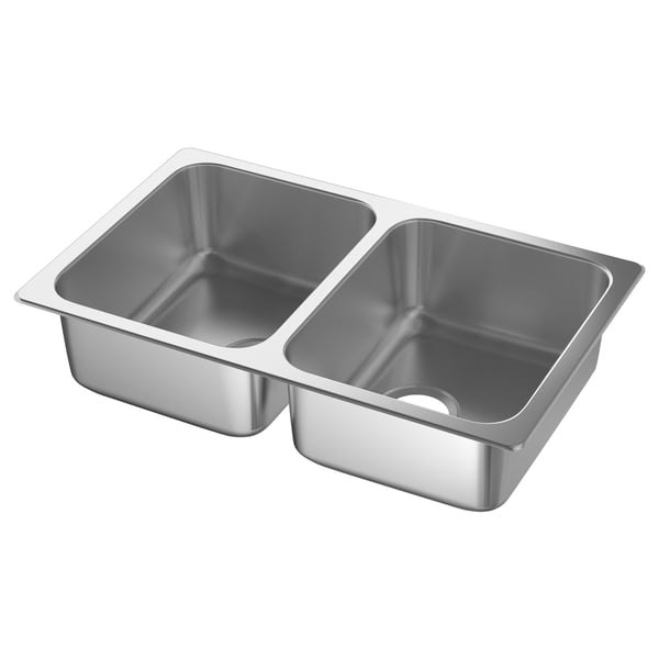 HILLESJÖN stainless steel double basin kitchen sink, rectangular shape, modern design.