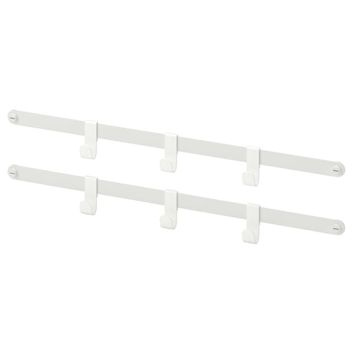 Two white metal hanging rails with hooks.
