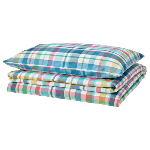 HÖSTGENTIANA duvet set, colourful plaid in blue, green, pink, yellow, rectangle, cotton blend.