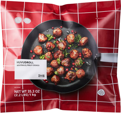 IKEA meatballs packaging. Cooked meatballs in sauce with garnish on the front.